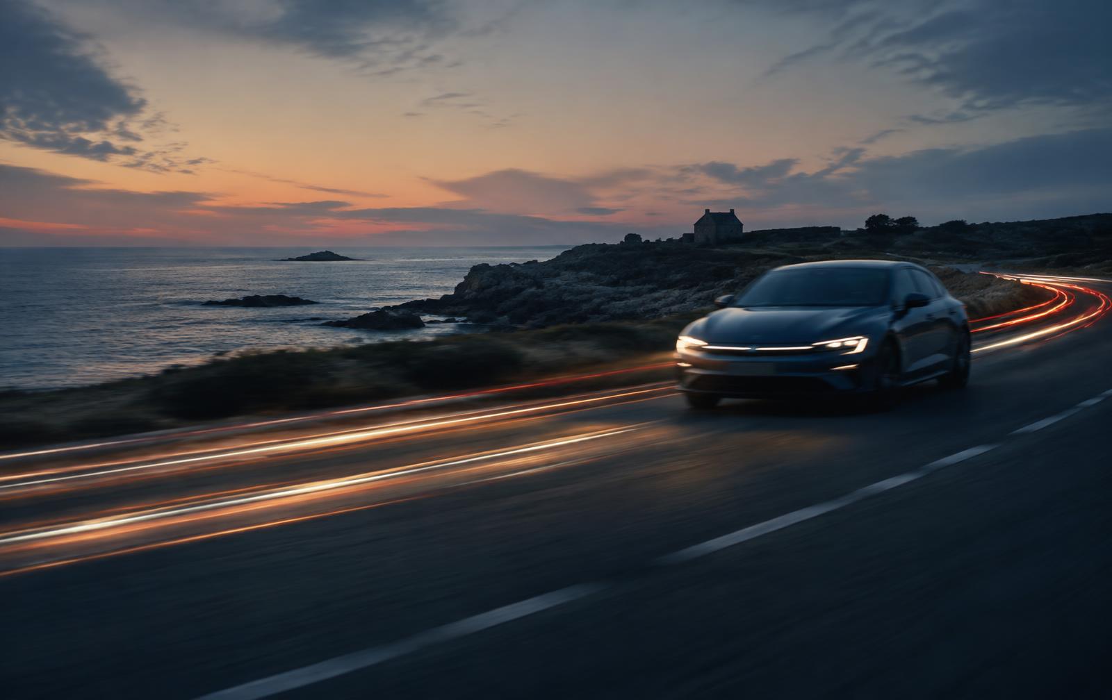 Voiture électrique sur une route côtière bretonne au crépuscule